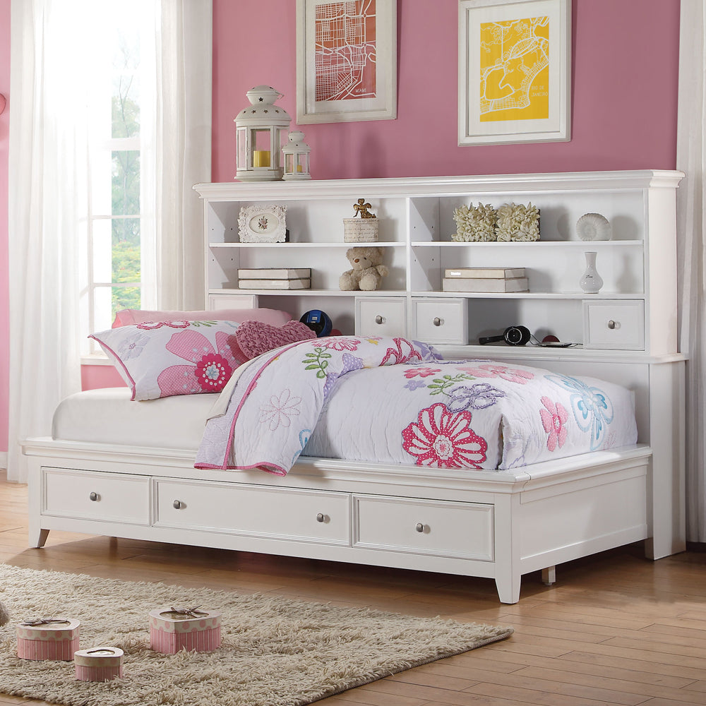 Timothy Lacey Twin White Contemporary Storage Daybed  Wood Frame with Built-in Drawers & Bookcase