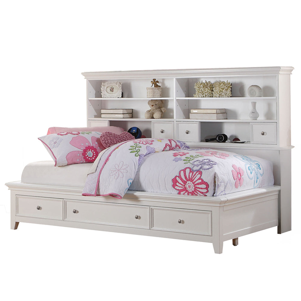 Timothy Lacey Twin White Contemporary Storage Daybed  Wood Frame with Built-in Drawers & Bookcase