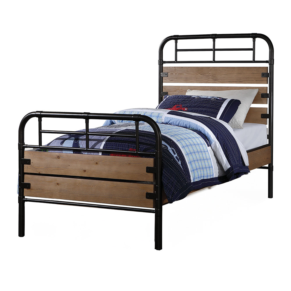 Lynden Twin Size Antique Oak Gunmetal Metal Bed Frame – Industrial Youth Bedroom with Wood Headboard