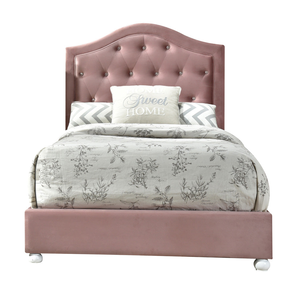 Archi Reggie Collection Twin Pink Fabric Bed Modern Style with Faux Crystal Trim