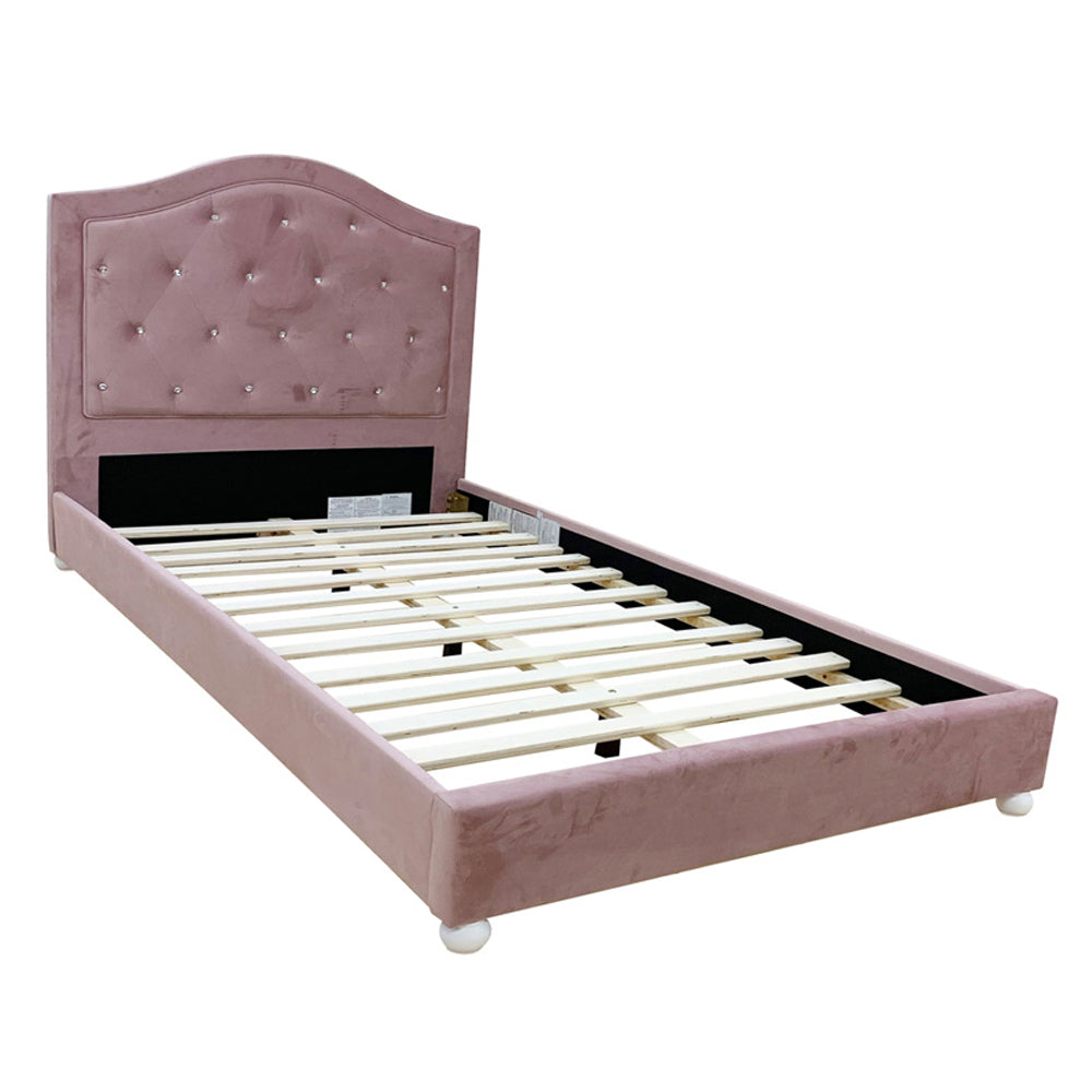 Archi Reggie Collection Twin Pink Fabric Bed Modern Style with Faux Crystal Trim
