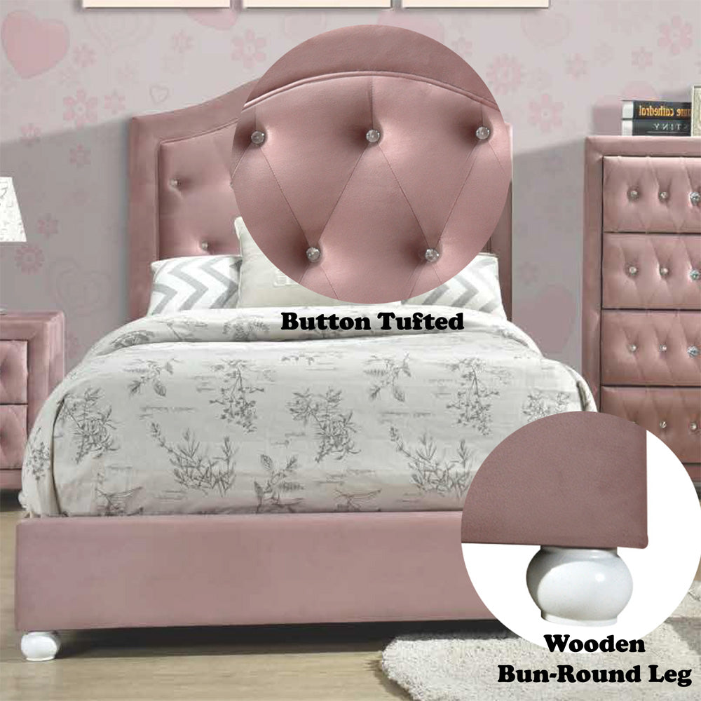 Archi Reggie Collection Twin Pink Fabric Bed Modern Style with Faux Crystal Trim