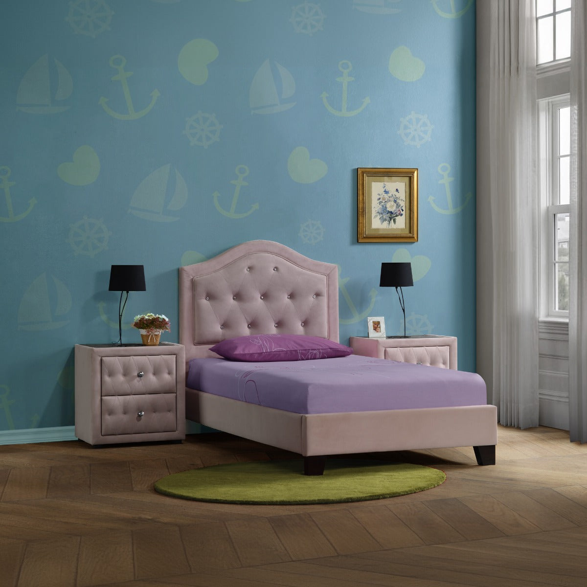 Archi Reggie Collection Twin Pink Fabric Bed Modern Style with Faux Crystal Trim