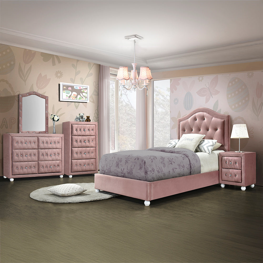 Archi Reggie Collection Twin Pink Fabric Bed Modern Style with Faux Crystal Trim
