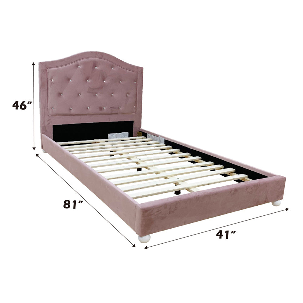 Archi Reggie Collection Twin Pink Fabric Bed Modern Style with Faux Crystal Trim