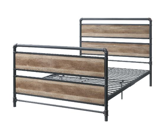 Emmet Brantley Full Bed Antique Oak Sandy Gray Wood Metal  Industrial Two-Tone Design
