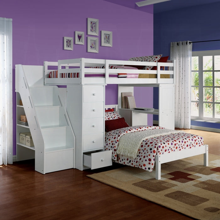 Alina Freya Twin White Wood Multi-Function Loft Bed – Children's Storage Bed with Ladder & Drawers