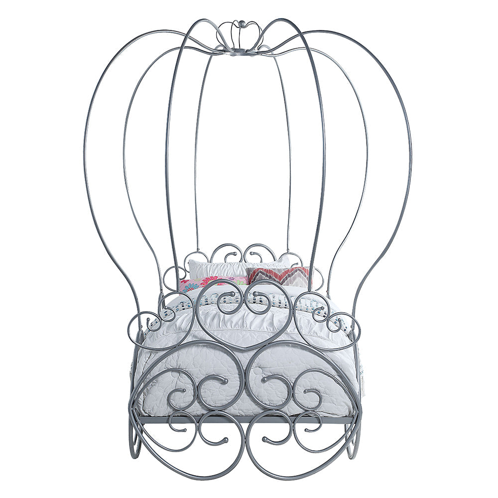 Harper Priya Twin Silver Scrollwork Canopy Bed – Low Profile Metal Frame for Princess Bedroom