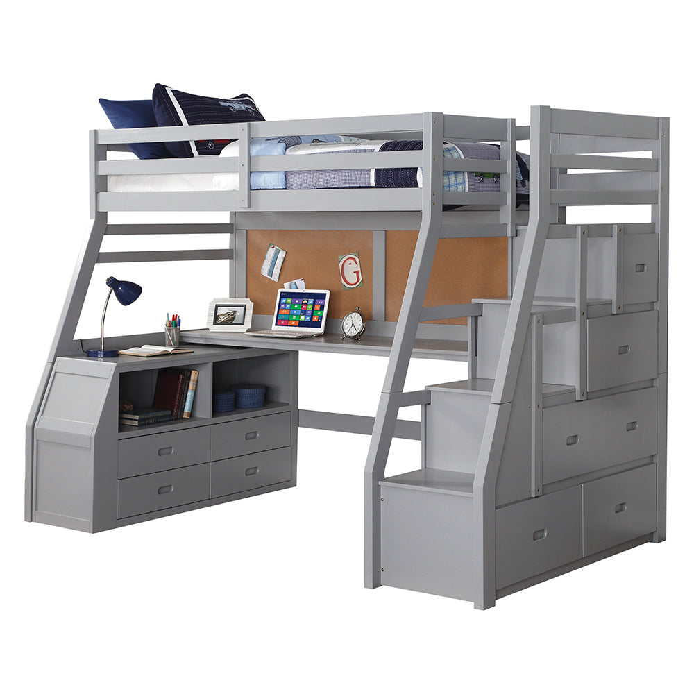 Salu Jason II Twin Gray Wood Loft Bed  Modern Space-Saving Design with Built-in Storage Staircase & Study Desk