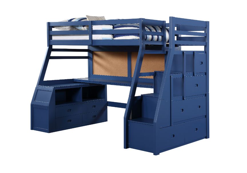 Guardrail Jason II Twin Navy Blue Wooden Loft Bed  Contemporary Storage Solution with 5-Drawer Ladder & Desk