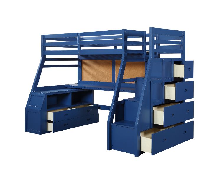 Guardrail Jason II Twin Navy Blue Wooden Loft Bed  Contemporary Storage Solution with 5-Drawer Ladder & Desk