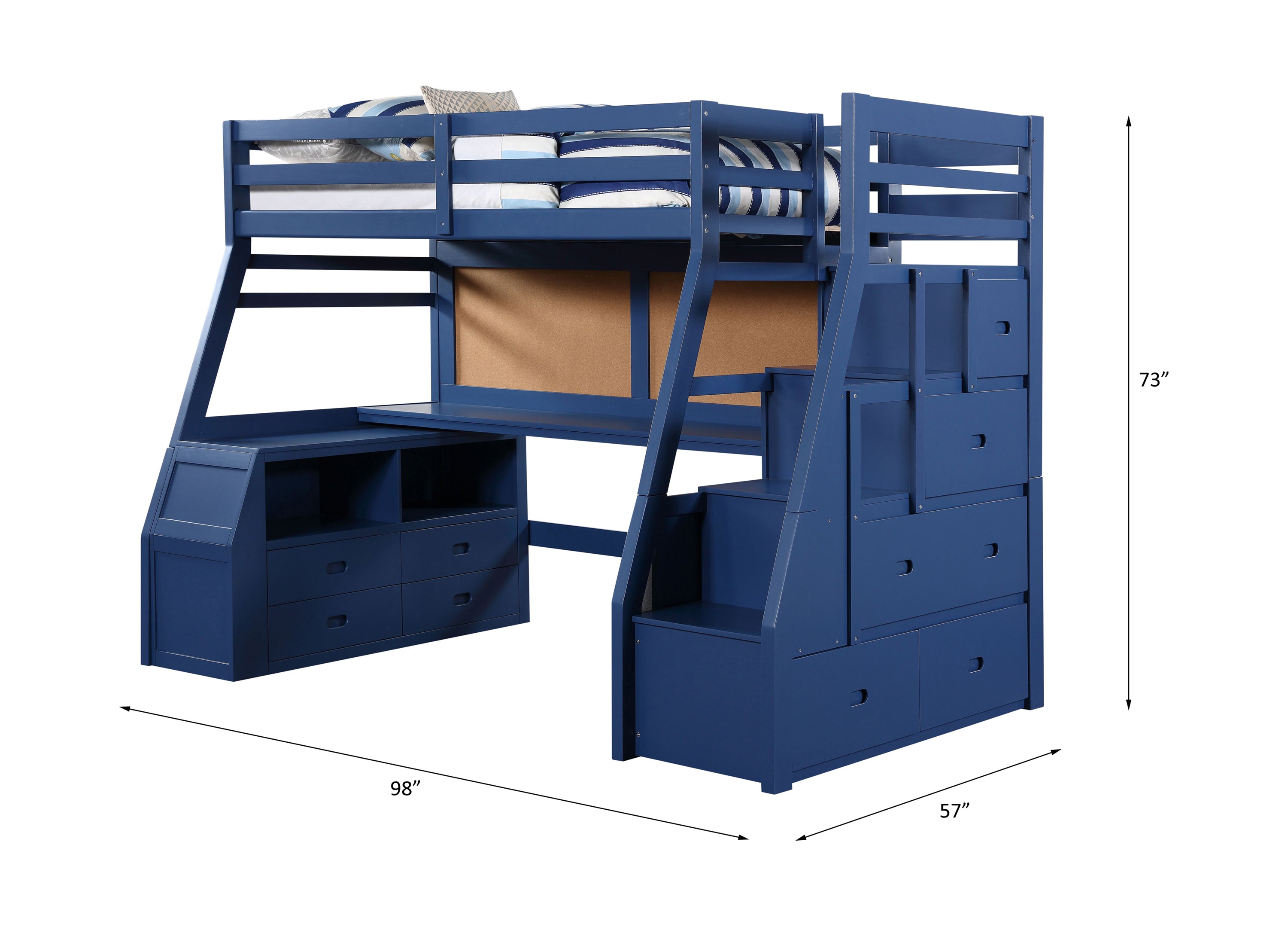 Guardrail Jason II Twin Navy Blue Wooden Loft Bed  Contemporary Storage Solution with 5-Drawer Ladder & Desk