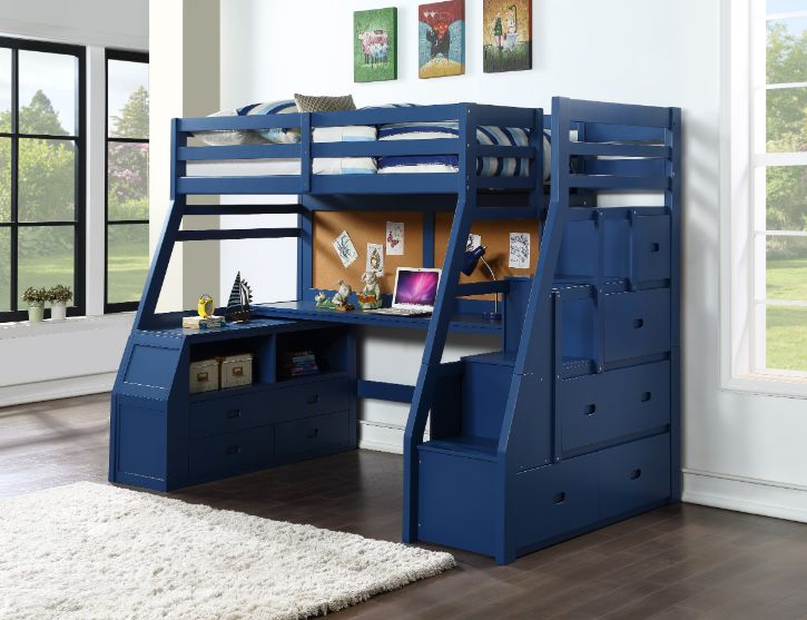 Guardrail Jason II Twin Navy Blue Wooden Loft Bed  Contemporary Storage Solution with 5-Drawer Ladder & Desk
