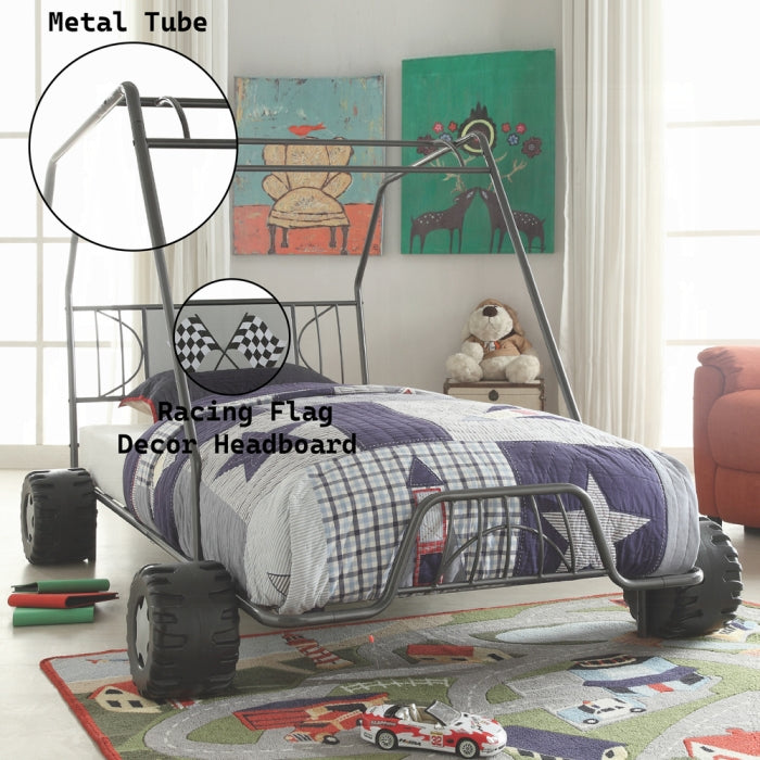 Asam Xander Twin Racing Go Kart Metal Kids Bed Frame Sports Theme with Flag Headboard
