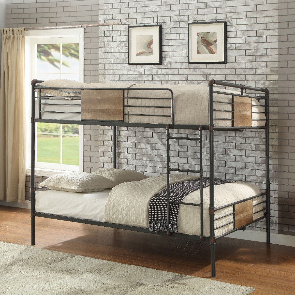 Perrone Brantley Queen over Queen Sandy Black Metal Bunk Bed  Industrial Hand Brushed Finish