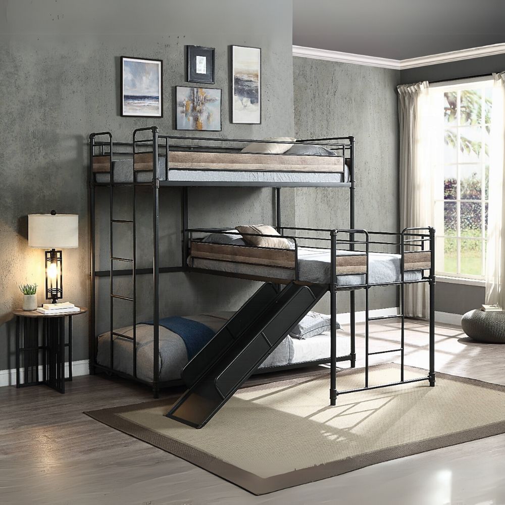 Brantley Triple Bunk Bed (T/T/T), Antique Oak & Sandy Grey Finish