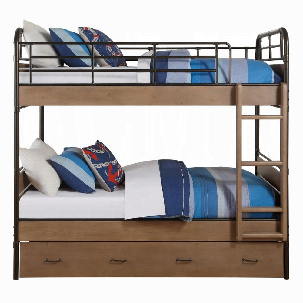 Simone Twin Over Twin Antique Oak Gunmetal Metal Bunk Bed  Industrial Style with Trundle & Built-in Ladder