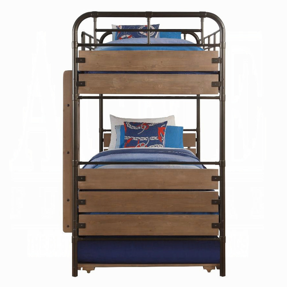 Simone Twin Over Twin Antique Oak Gunmetal Metal Bunk Bed  Industrial Style with Trundle & Built-in Ladder