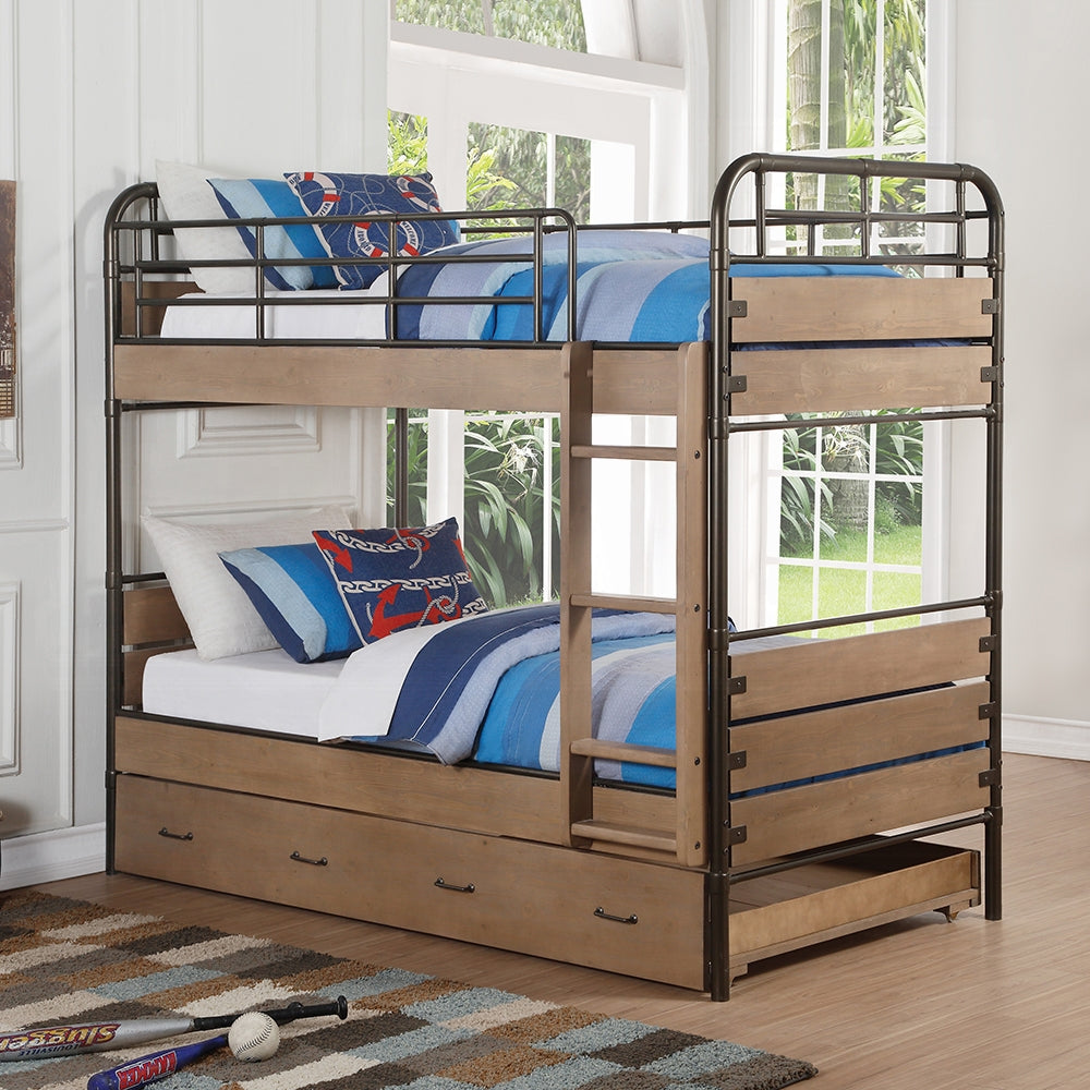 Simone Twin Over Twin Antique Oak Gunmetal Metal Bunk Bed  Industrial Style with Trundle & Built-in Ladder
