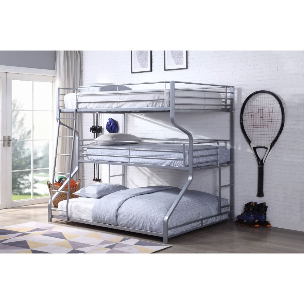 Caius II Full/Twin/Queen Silver Metal Bunk Bed  Triple-Layer Industrial Frame