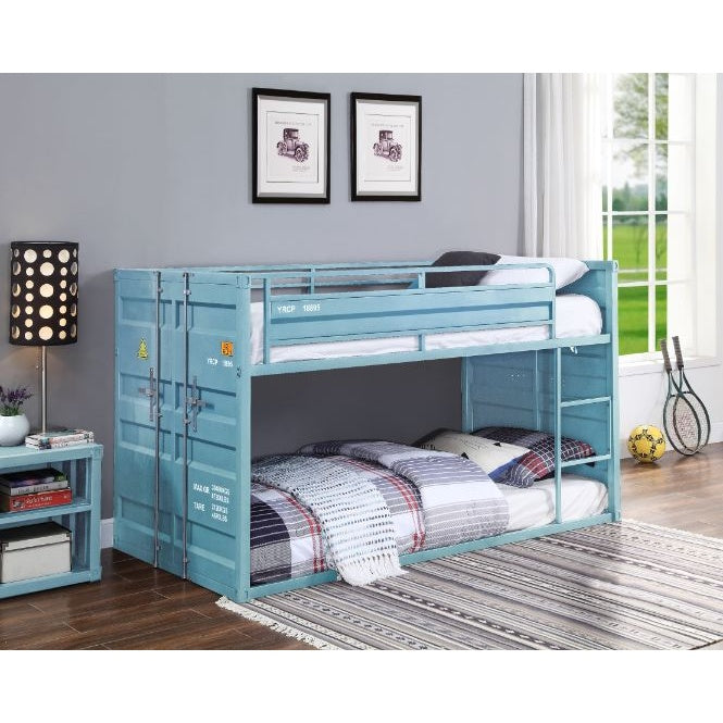 Cargo Twin over Twin Aqua Metal Bunk Bed – Shipping Container Design with Slat System