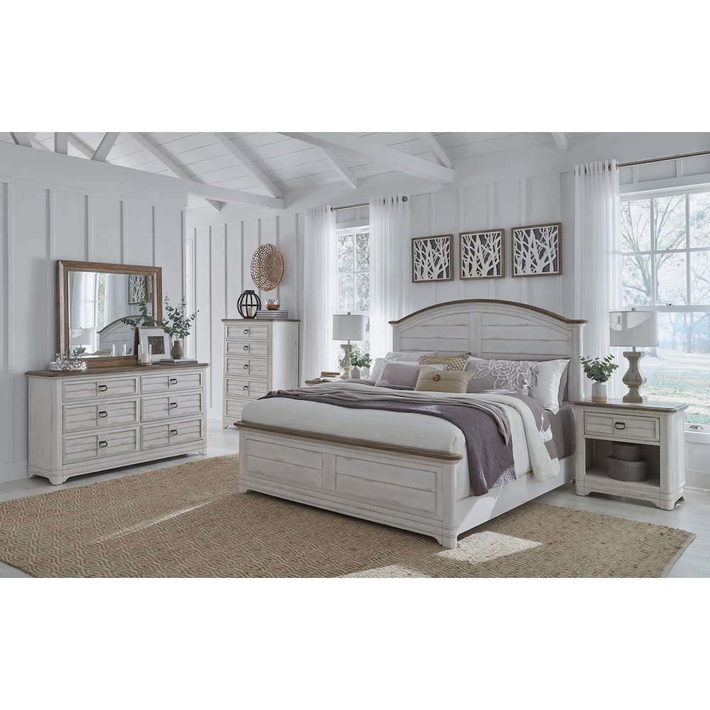 Cohyn Meadowbrook Queen Bed Whitewash Finish – Farmhouse Style with Arched Headboard