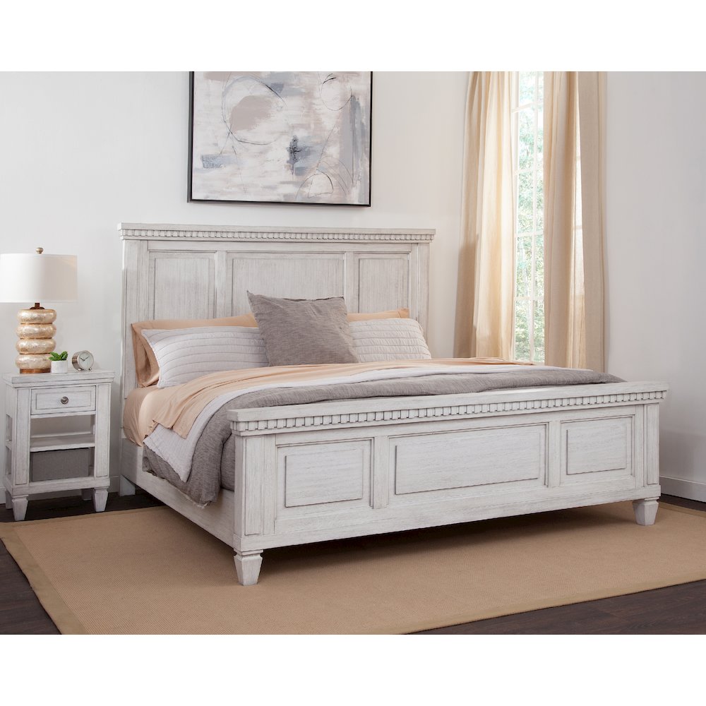 Hanzo Salter Path Queen White Grain Wood Bed  Coastal Panel Design with Arch Headboard