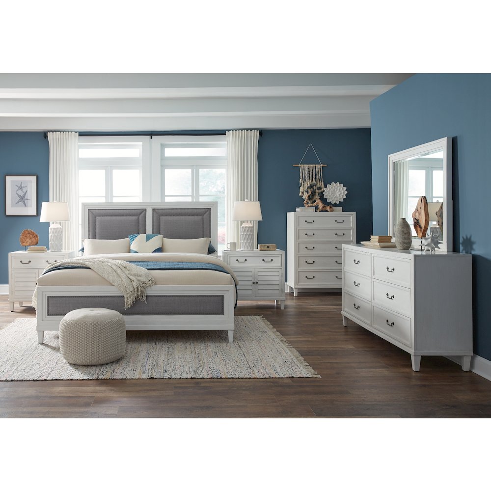 Hampton Dunescape Queen White Upholstered Bed  Coastal Style with Padded Headboard