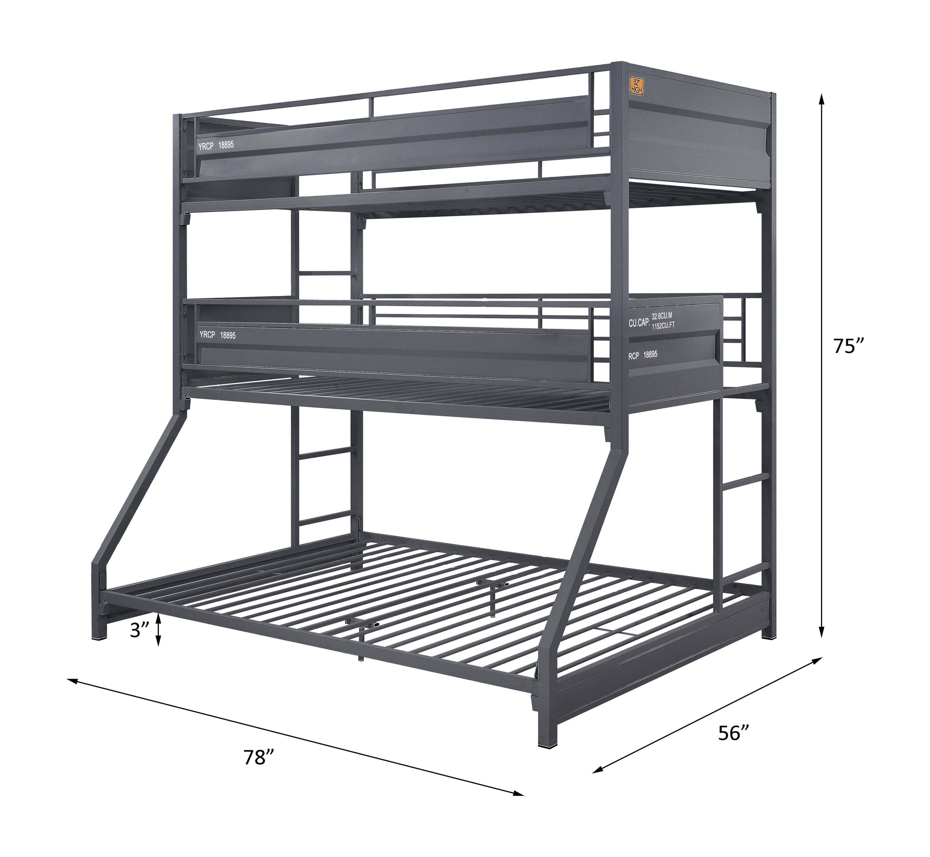 Presley Cargo Twin/Twin/Full Gunmetal Metal Bunk Bed  Industrial Triple Bunk with Ladder