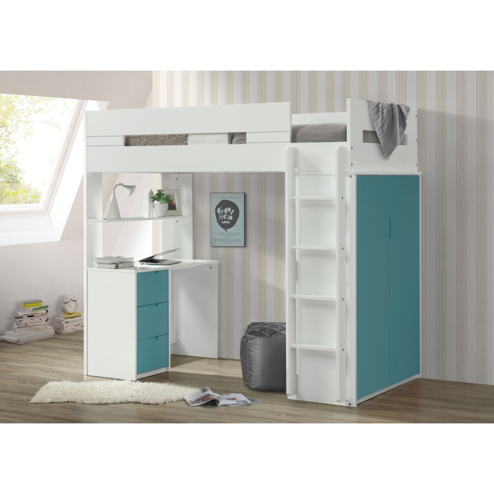 Nerice Twin Loft Bed w/Desk & Wardrobe, White & Teal