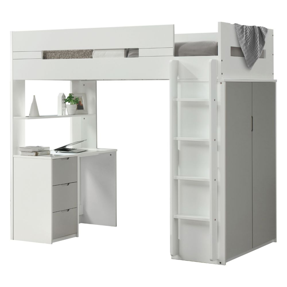 Nerice Twin Loft Bed w/Desk & Wardrobe, White & Gray