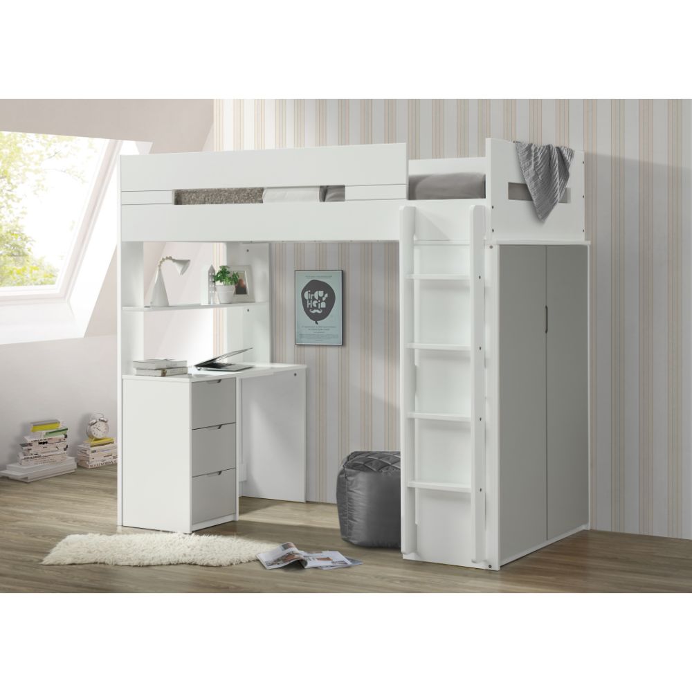 Nerice Twin Loft Bed w/Desk & Wardrobe, White & Gray