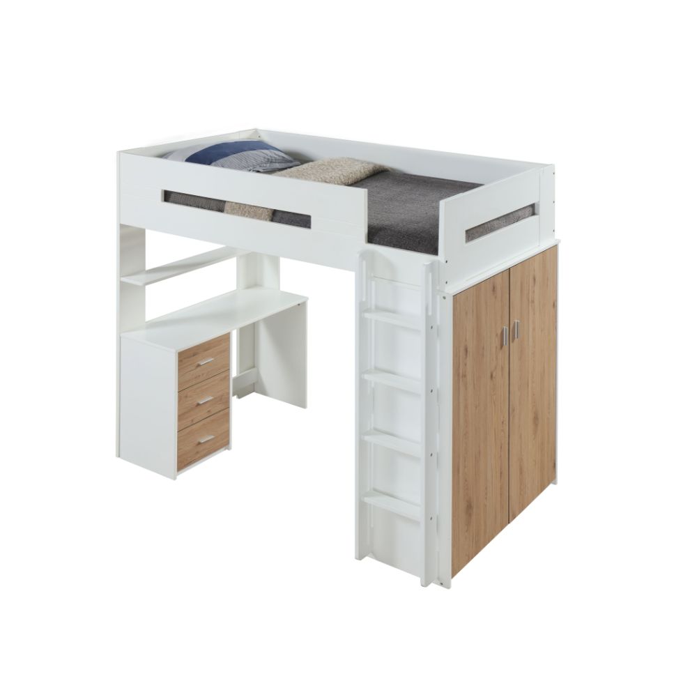 Nerice Twin Loft Bed w/Desk & Wardrobe, White & Oak