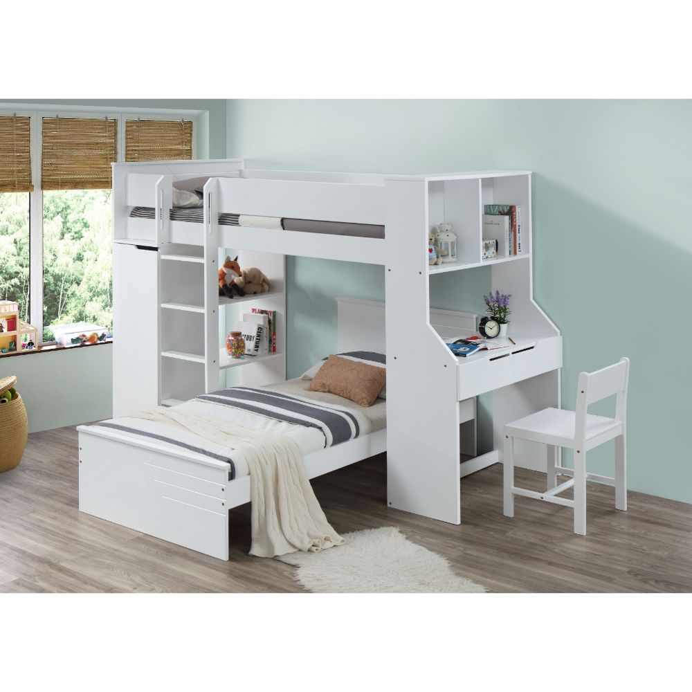 Wardrobe Ragna Twin Loft Bed White  Space-Saving Bed with Desk