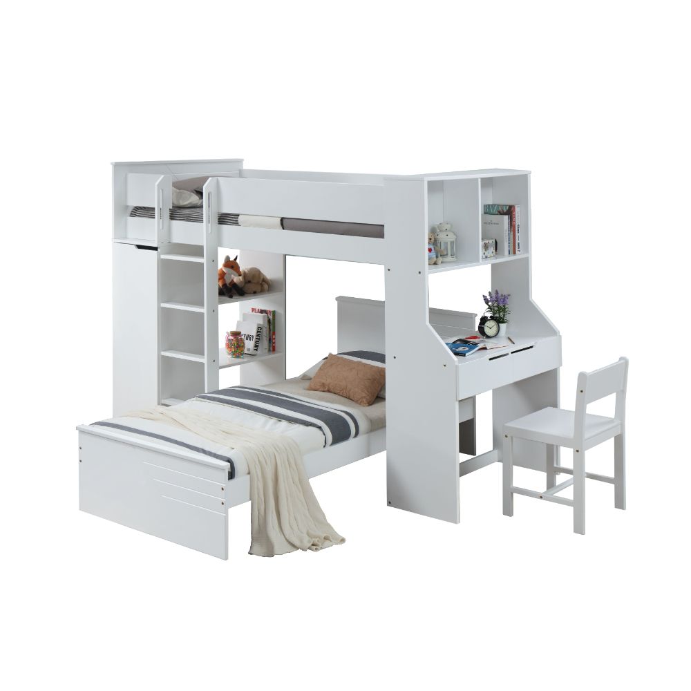 Wardrobe Ragna Twin Loft Bed White  Space-Saving Bed with Desk