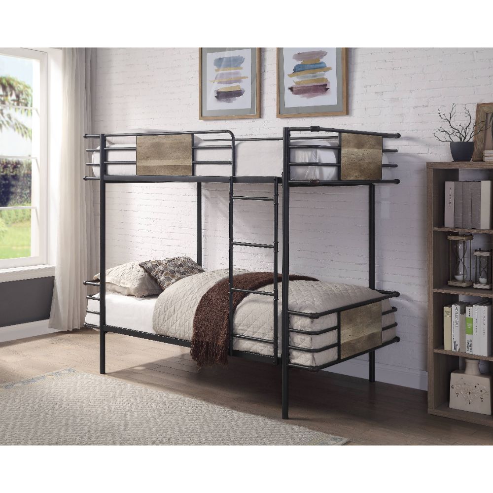 Asher Deliz Twin/Twin Gunmetal Metal Bunk Bed  Industrial Style with Ladder & Safety Rails