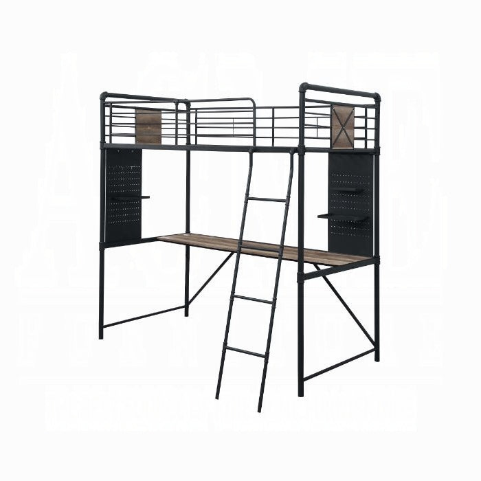 Cordelia Twin Loft Bed w/Desk, Antique Oak, Sandy Black & Dark Bronze Hand-Brushed Finish