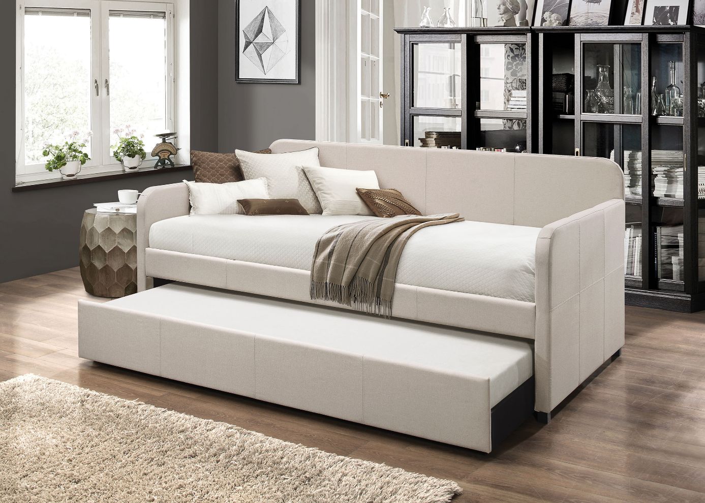 Sylvie Jagger Twin Fog Fabric Upholstered Daybed  Modern Space-Saving Trundle Bed