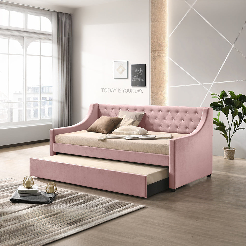 Daniel Lianna Collection Twin Daybed  Pink Velvet Upholstery & Pull-Out Trundle