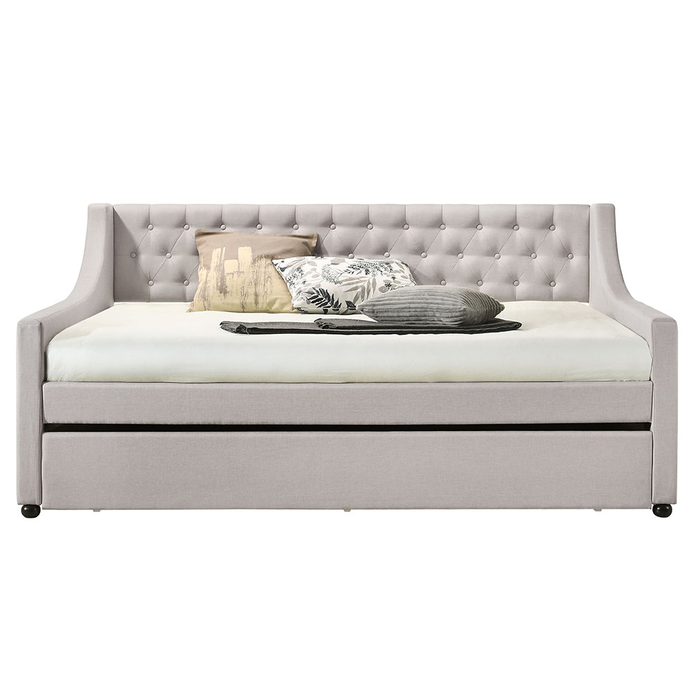 Fog Lianna Full Fog Fabric Daybed with Twin Trundle  Button-Tufted Guest Bed with StorageLianna Full Fog Fabric Daybed with Twin Trundle  Button-Tufted Guest Bed with Storage