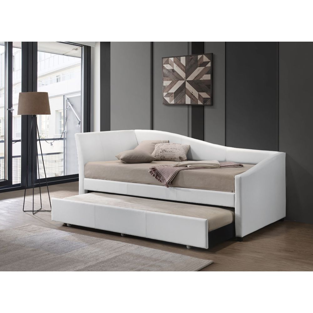 Dante Jedda Twin White Faux Leather Daybed with Trundle  Modern Tufted Space-Saving Design