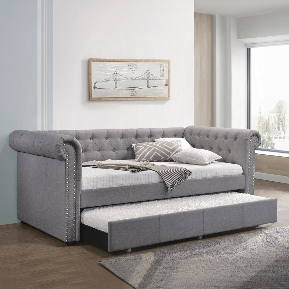 Caleb Justice Twin Upholstered Daybed  Smoke Gray Fabric with Pull-Out Trundle Bed