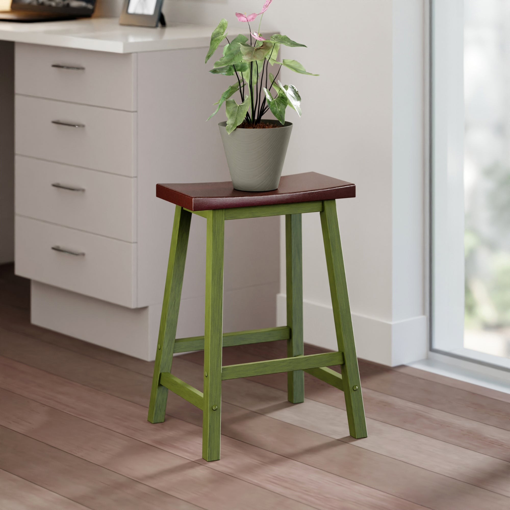 Satori Saddle Seat Counter Stool, Rustic Green and Walnut