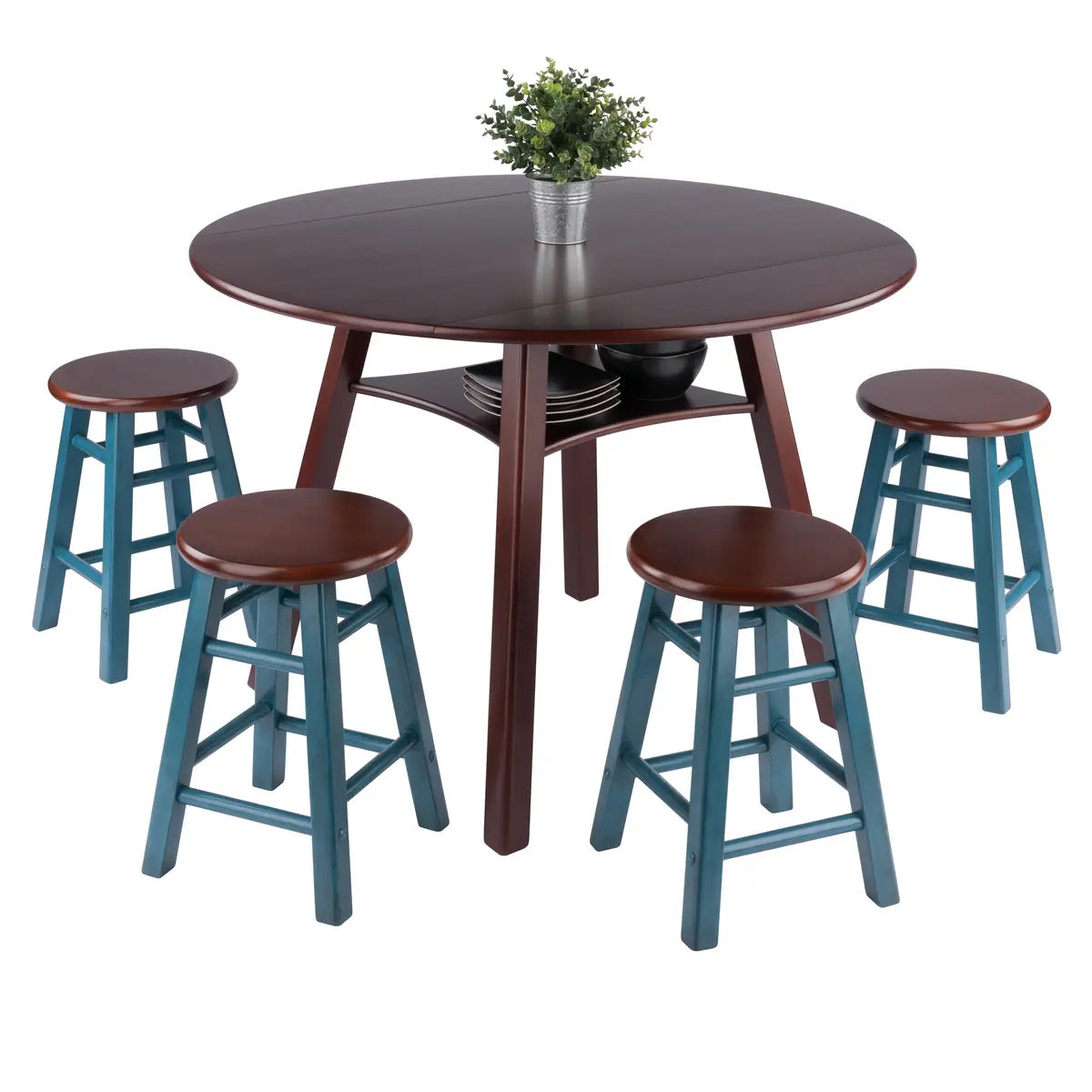 Marbelle Table 5-Pc Drop Leaf Dining Table, Walnut Finish, with 4 Element 18” Dining Stools, Walnut Rustic Teal Finish