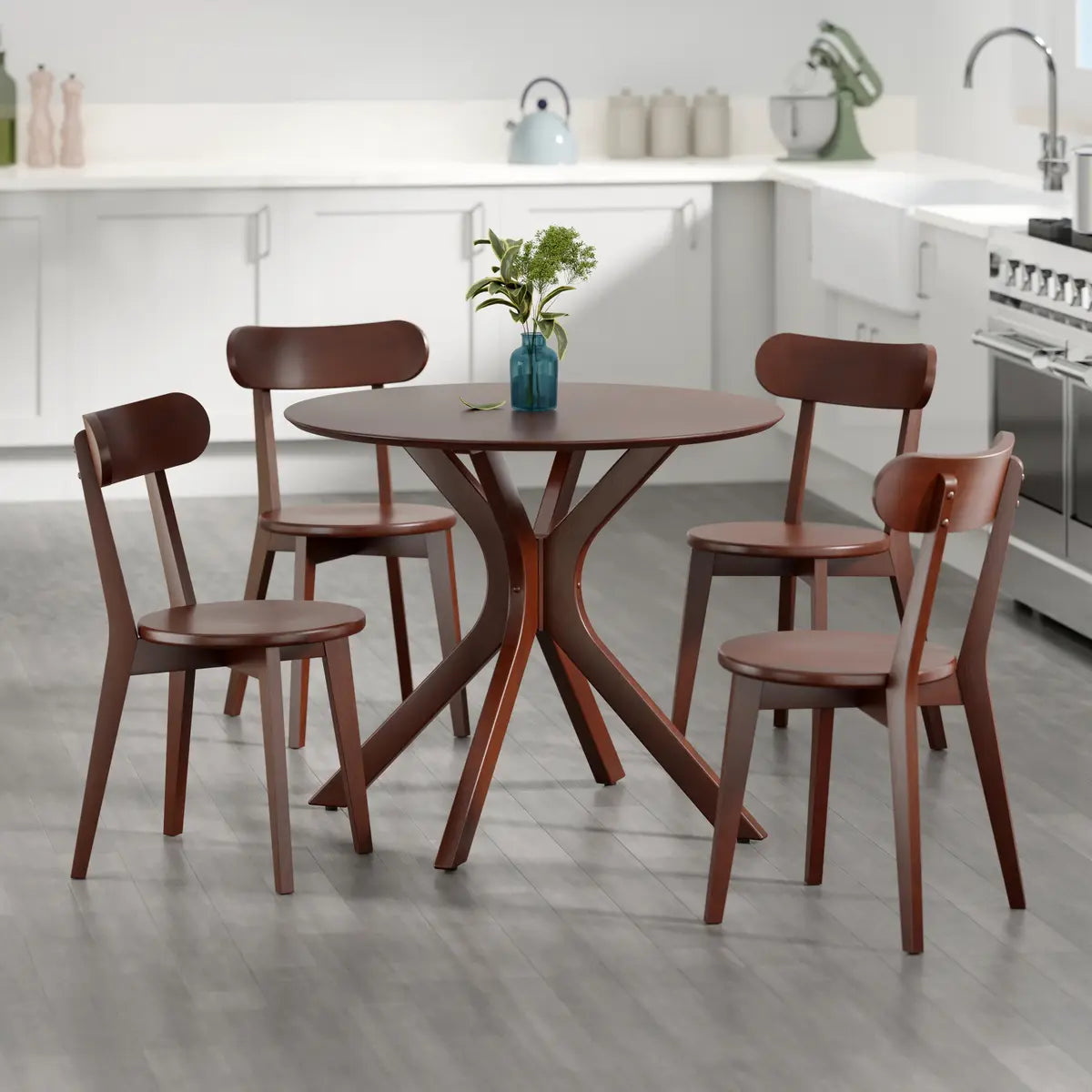 Lexa Dining Table with Splayed Legs, Walnut Finish with 4 Pauline Dining Chairs
