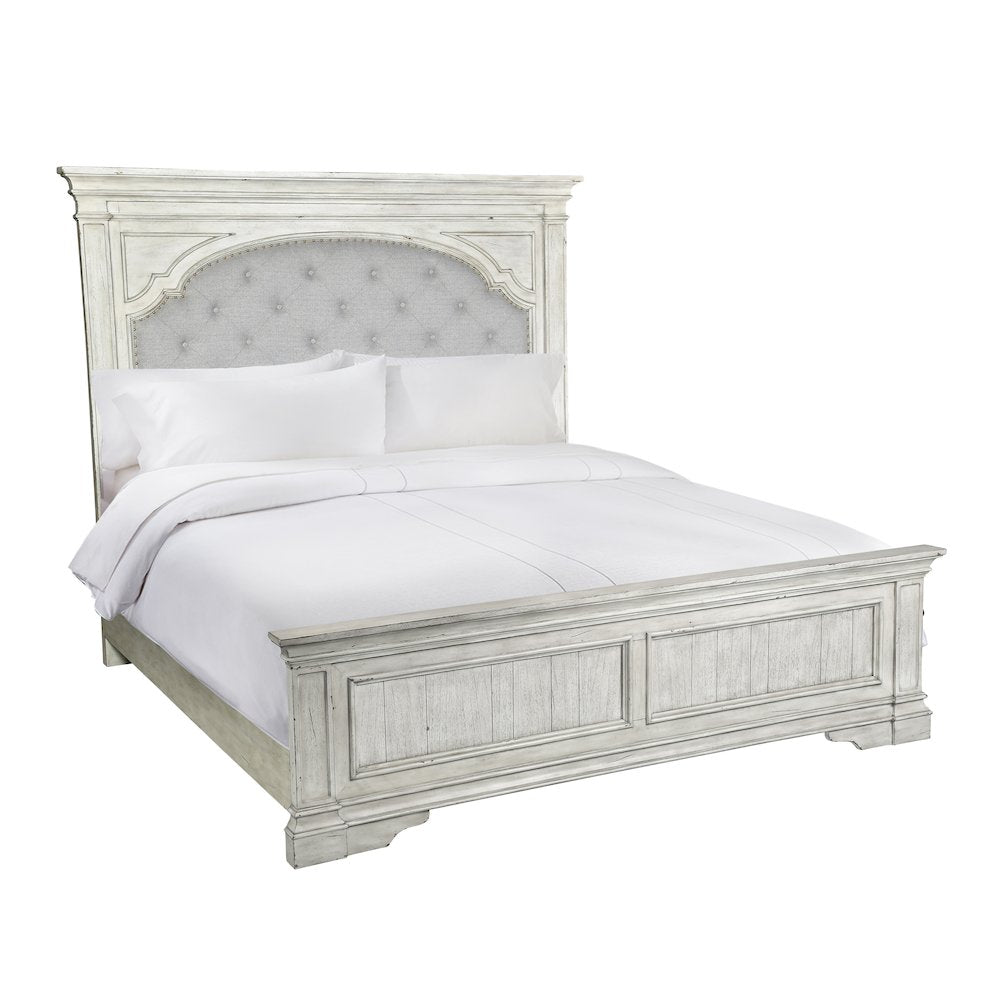 Ivory Highland Park King Rustic Ivory Wood Bed – Farmhouse Style with Panel Headboard