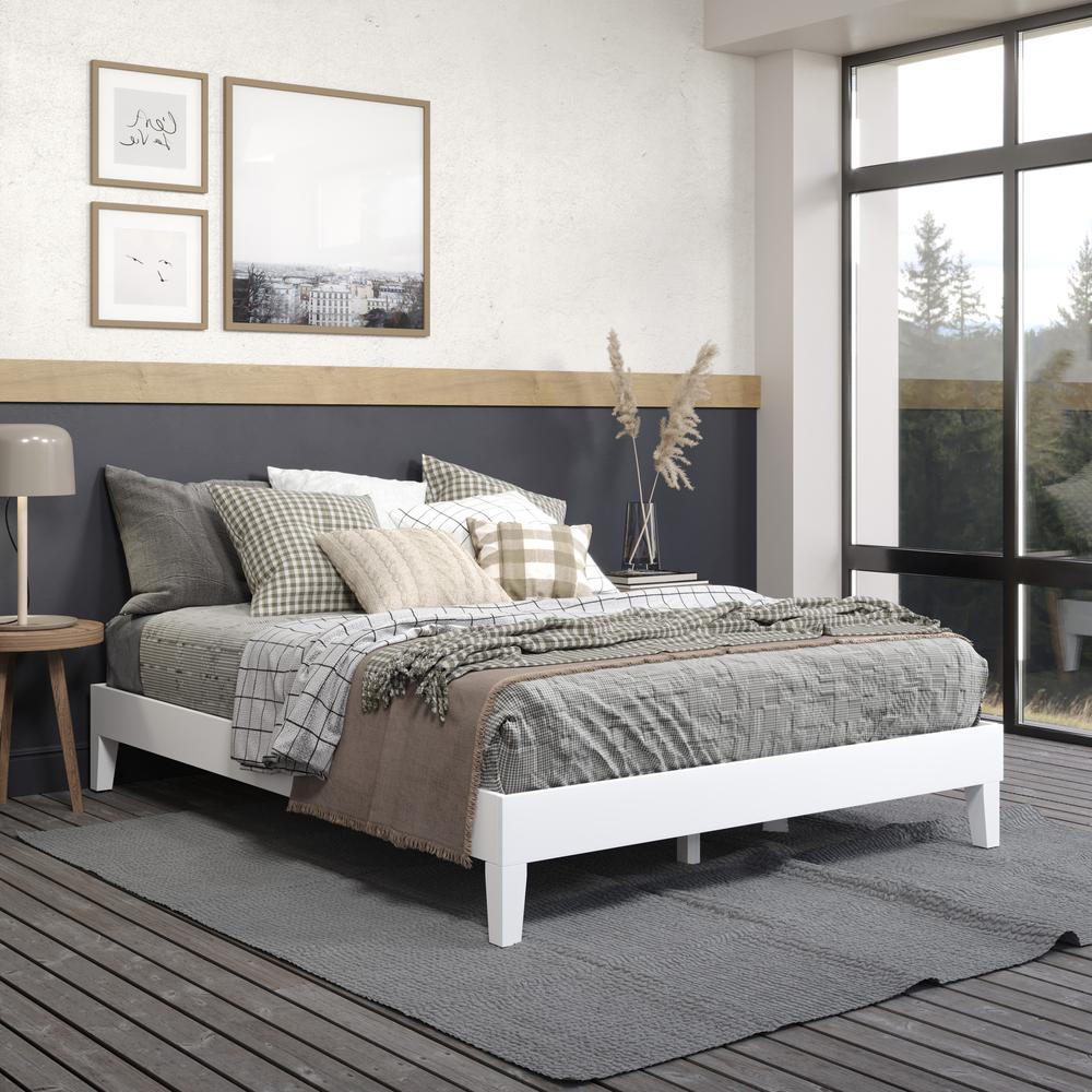Celsie Nix Collection Queen White Platform Bed – Minimalist Style with Solid Wood Frame