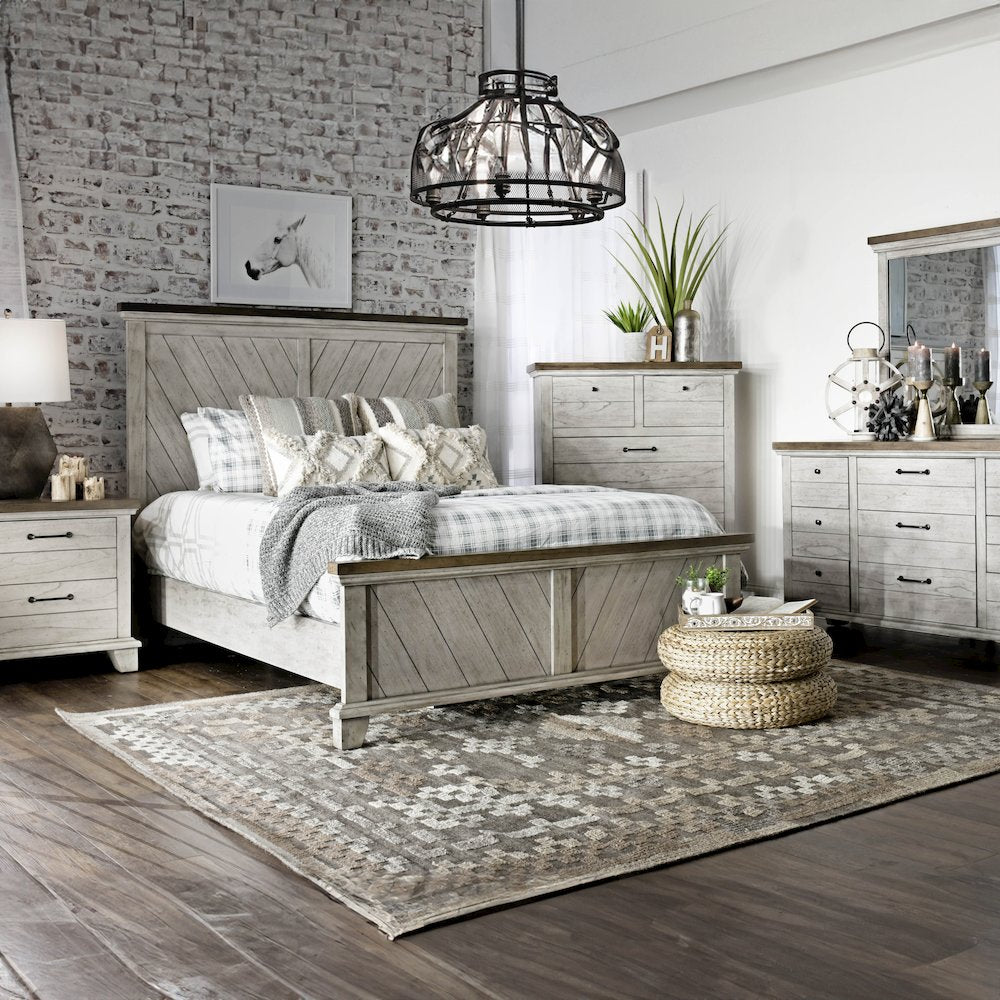 Chevron Bear Creek King Brown Wood Bed – Rustic Farmhouse Panel Design