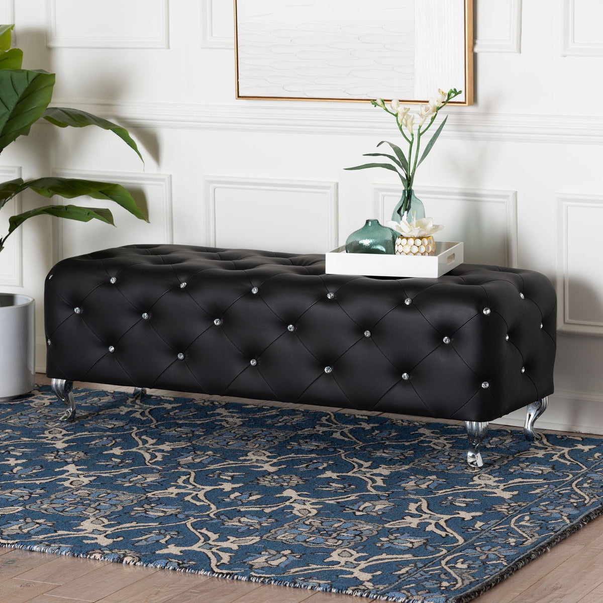 Stella Crystal Tufted Black Leather Modern Bench