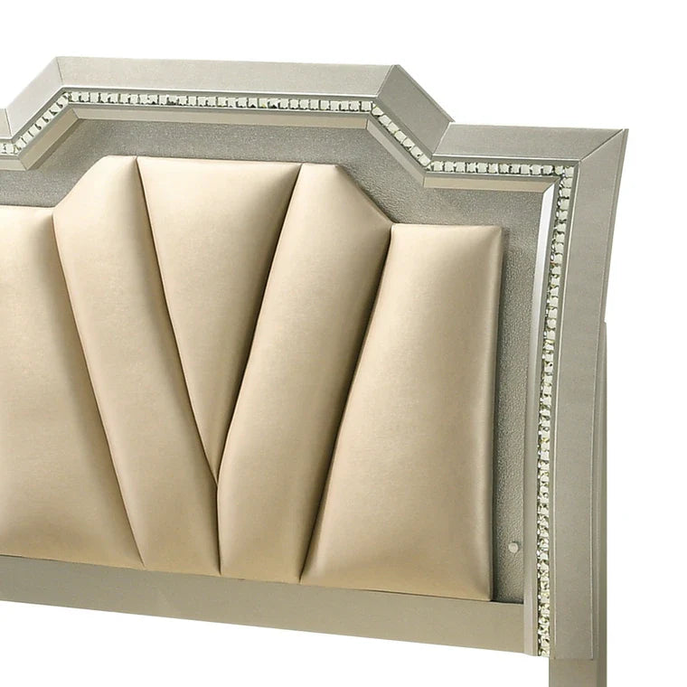 Tarah Kaitlyn Collection Twin Bed Champagne Faux Leather – LED Headboard & Tufted Design
